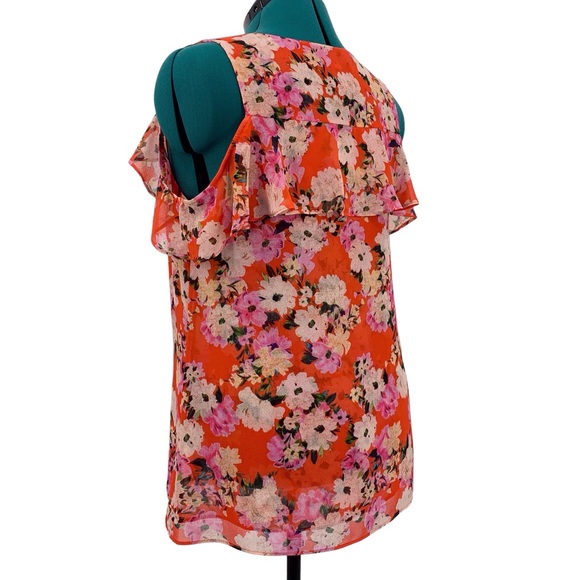 Cabi Lush Blouse # 5352, Hibiscus Floral Cold Shoulder Layered Blouse, Medium - Picture 6 of 17